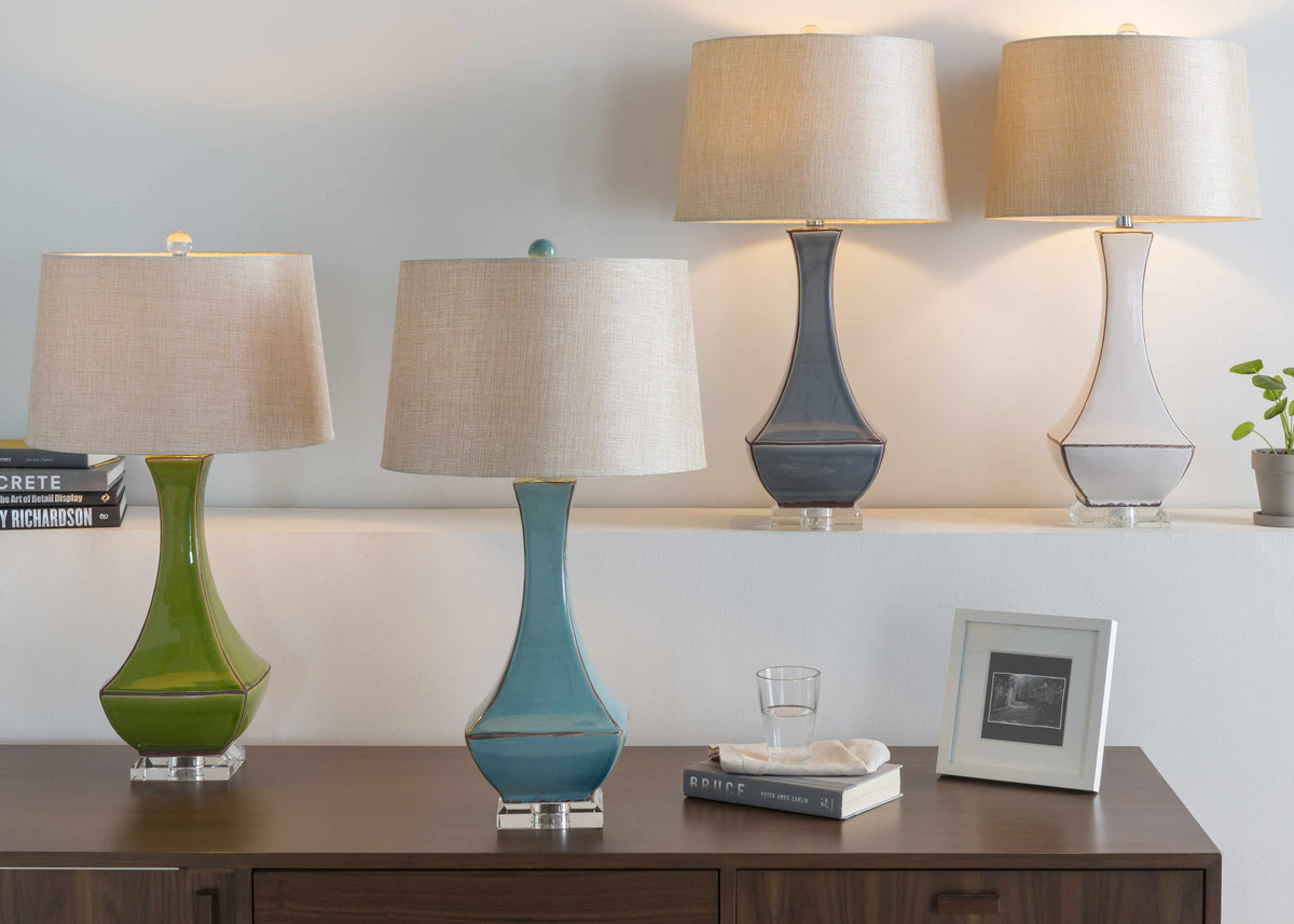 Tuka Tan Ceramic Table Lamp with Clear Crystal Base and Ivory Shade