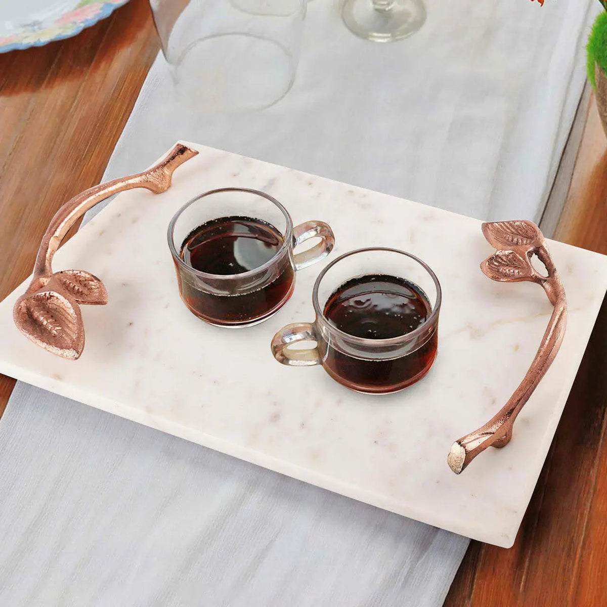 Marcella Contemporary White Marble Tray With Copper Leaf Handles