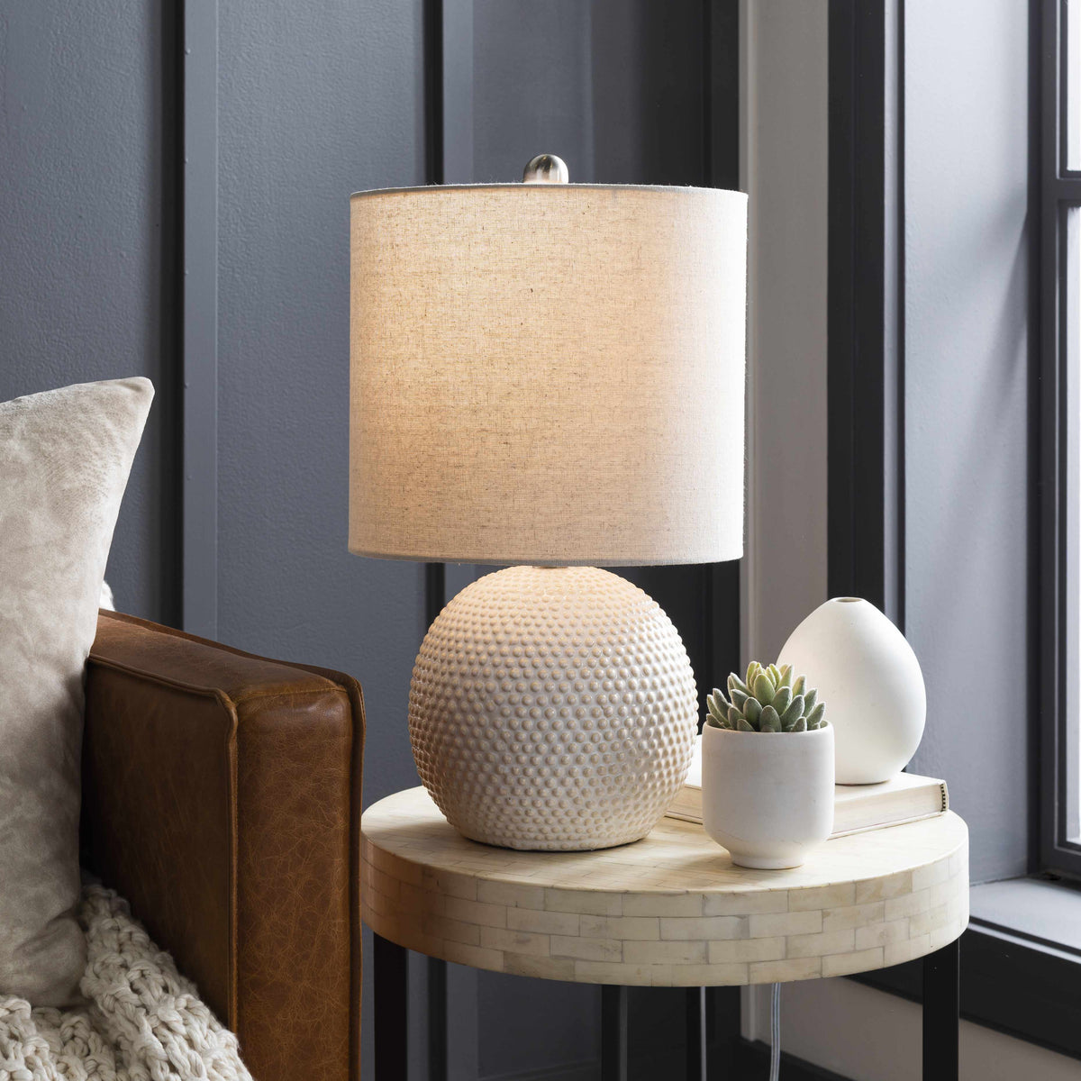 Manaloal Beige Textured Ceramic Table Lamp With Linen Shade
