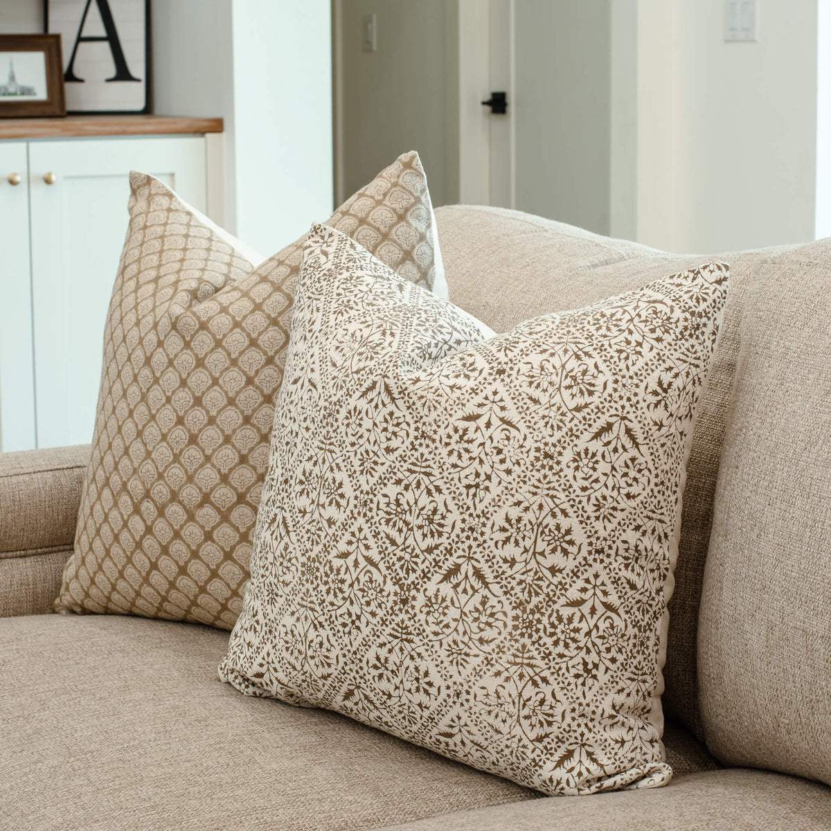 Ayla Curated Linen Pillow Cover With Mustard Block Print