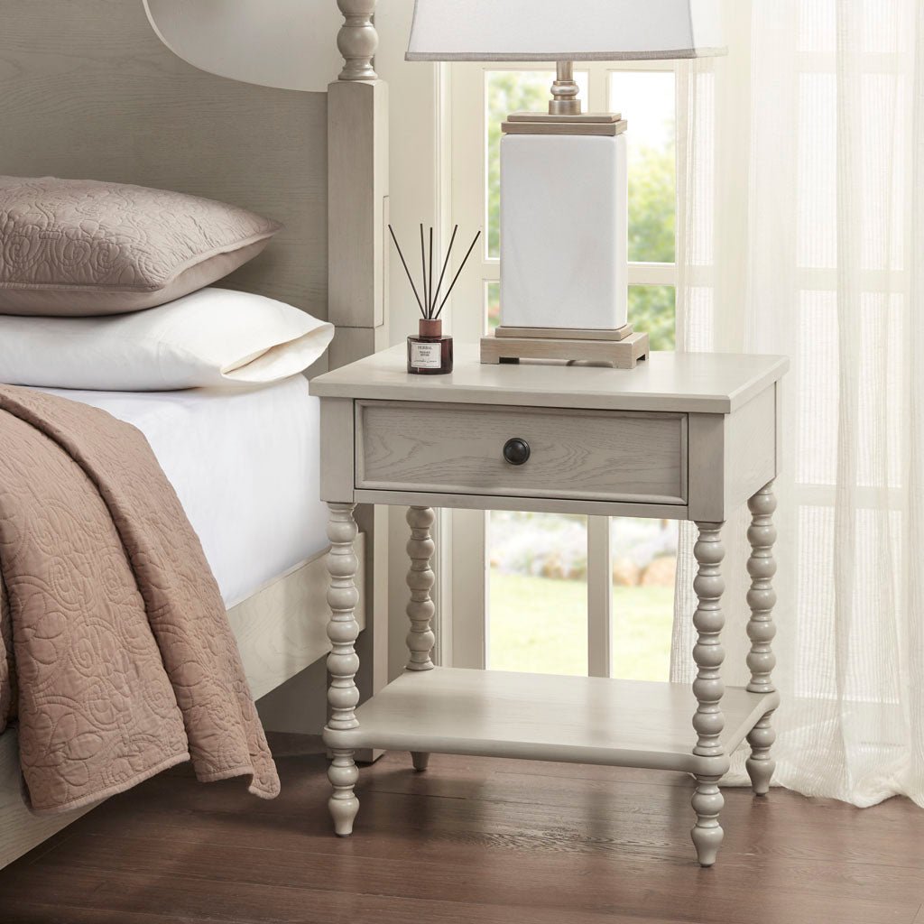 Aura And Oak Whitewash Solid Wood Nightstand With Turned Legs