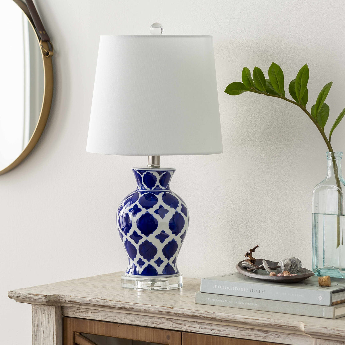 Pangian White And Blue Ceramic Table Lamp With Crystal Base
