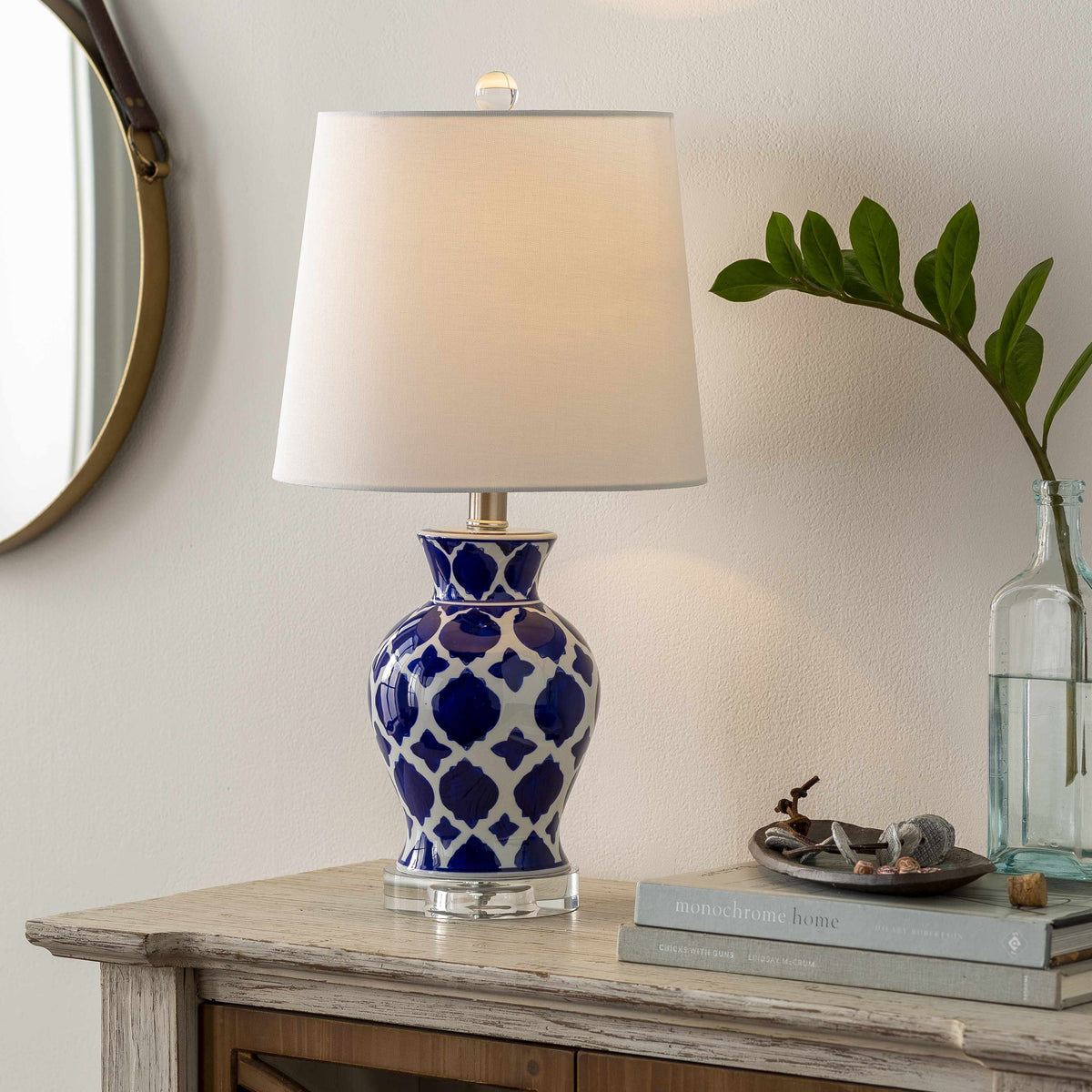 Pangian White And Blue Ceramic Table Lamp With Crystal Base