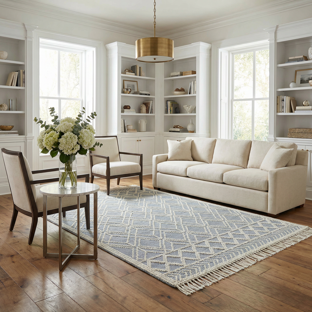 Ramsbury Denim Blue Trellis Rug Hand Woven Wool Blend