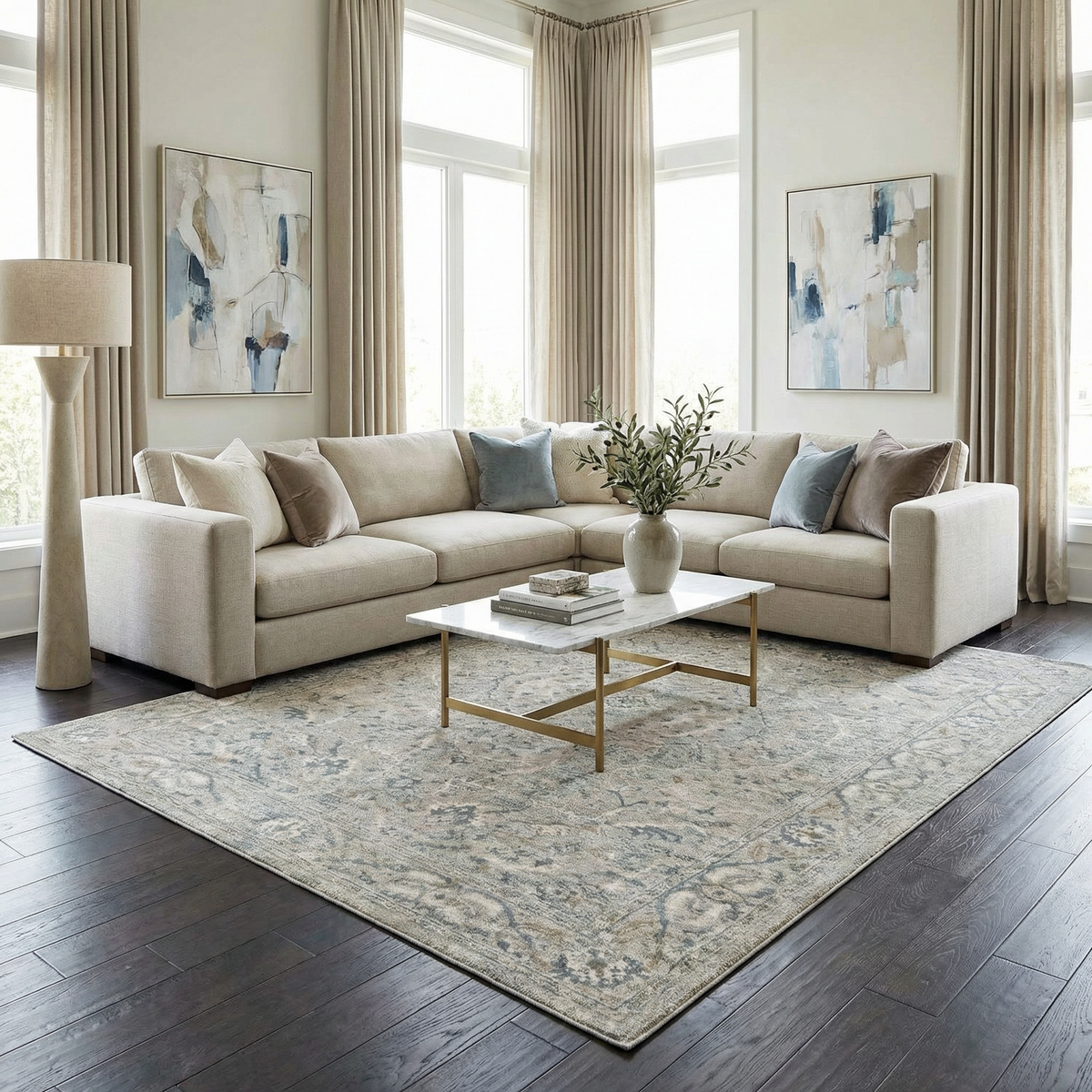 Glengarry Luxe Taupe With Teal Accent Fringe Area Rug
