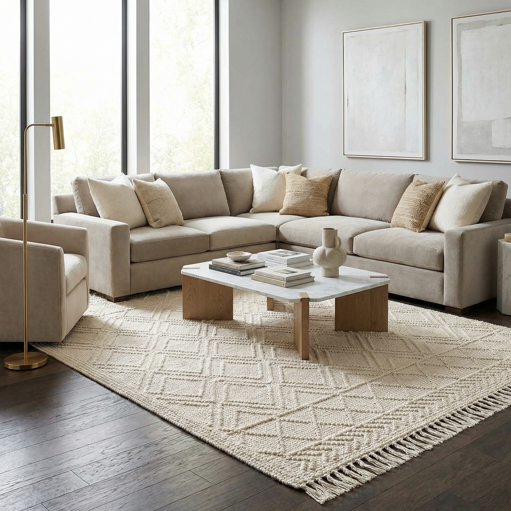 Ramsbury Trellis Weave Hand Woven Wool Blend Rug In Beige