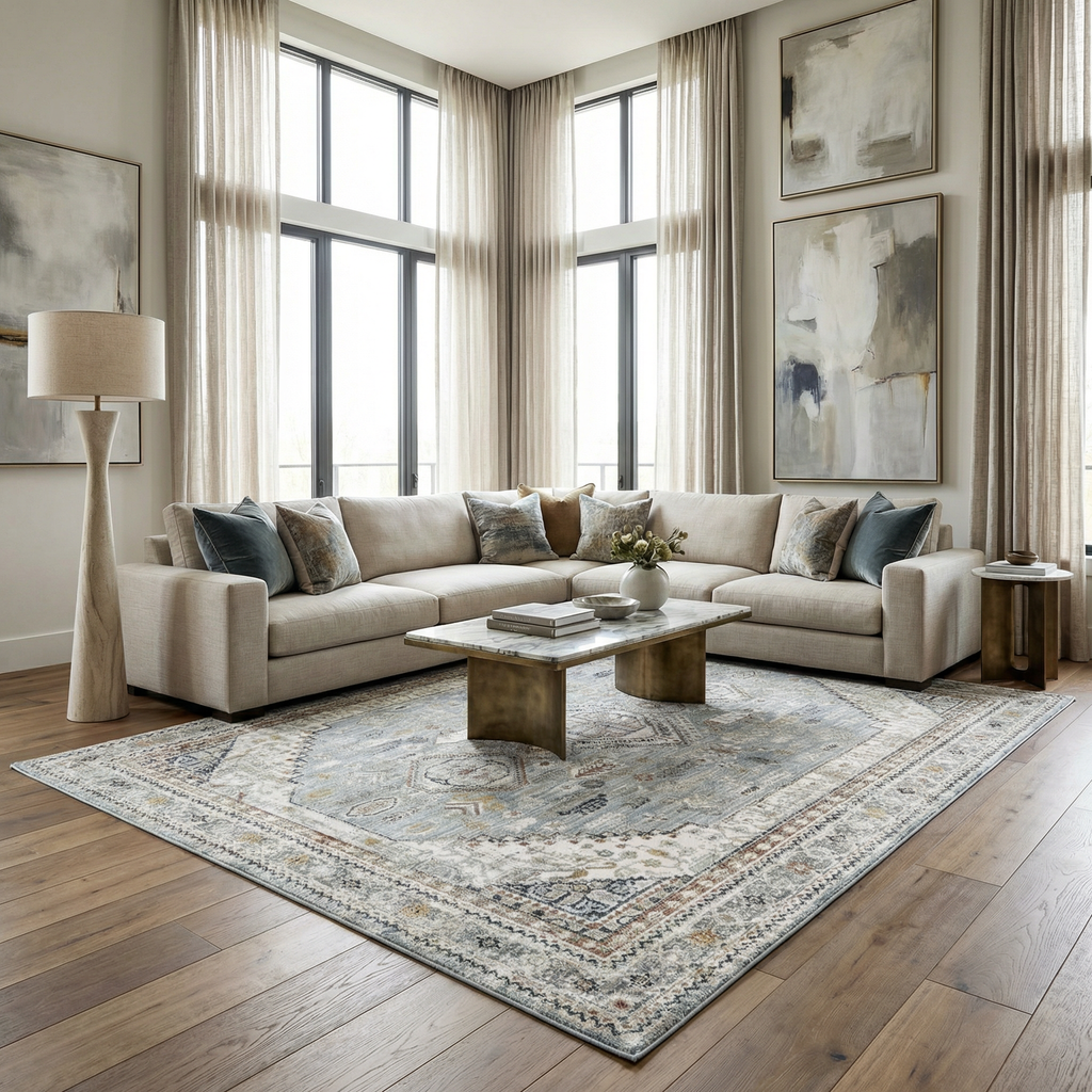 LunaWoven Kouta Gray Blue Area Rug Balanced Traditional Pattern