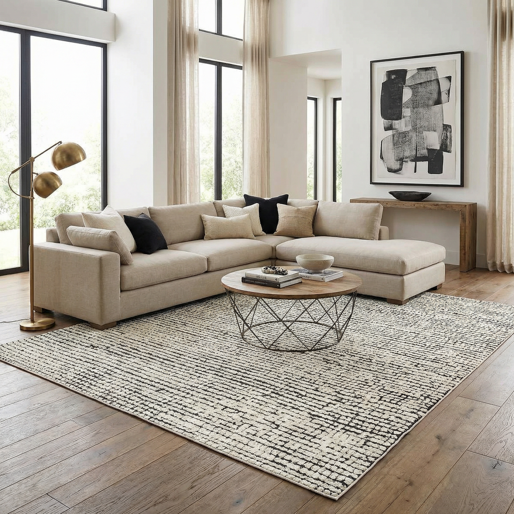 Keita Ivory Black Grid Plush Rug With Luxe High Pile