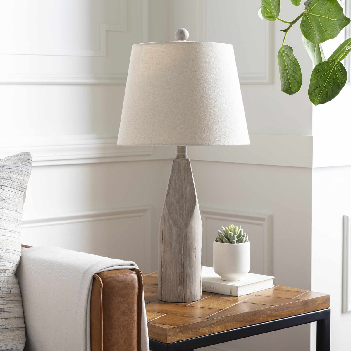 Simala Warm Gray Wood Table Lamp With Bronze Linen Shade