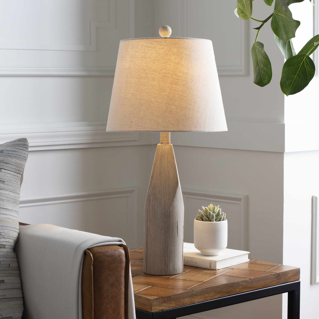 Simala Warm Gray Wood Table Lamp With Bronze Linen Shade