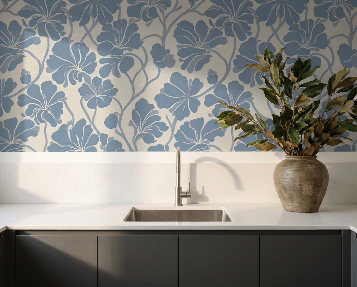 Fleurish Wall Blush Original Soft Blue Floral Wallpaper