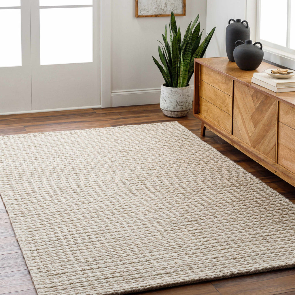 Lenci Hand Woven Wool Area Rug Warm Beige Contemporary