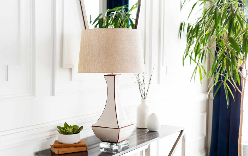 Tuka Tan Ceramic Table Lamp with Clear Crystal Base and Ivory Shade