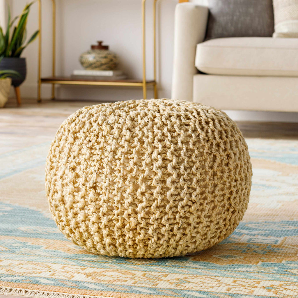 Watseka Knitted Jute Pouf With Polybead Fill In Peach