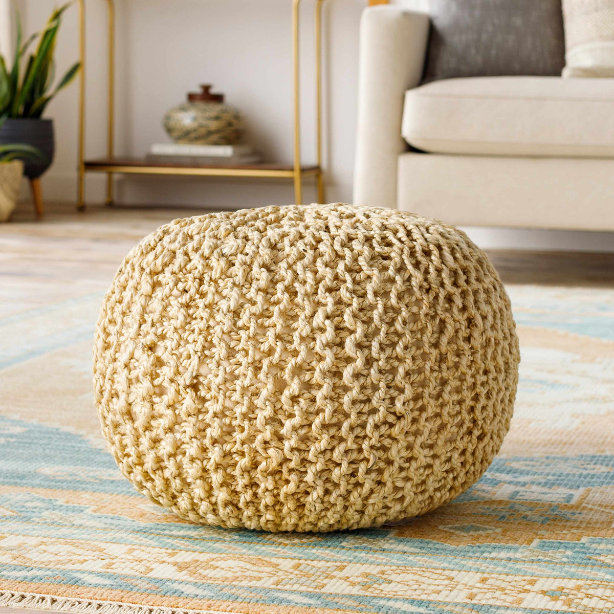 Watseka Knitted Jute Pouf With Polybead Fill In Peach